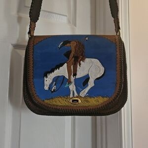 Brown Leather Saddle Bag with Painted Horse Design